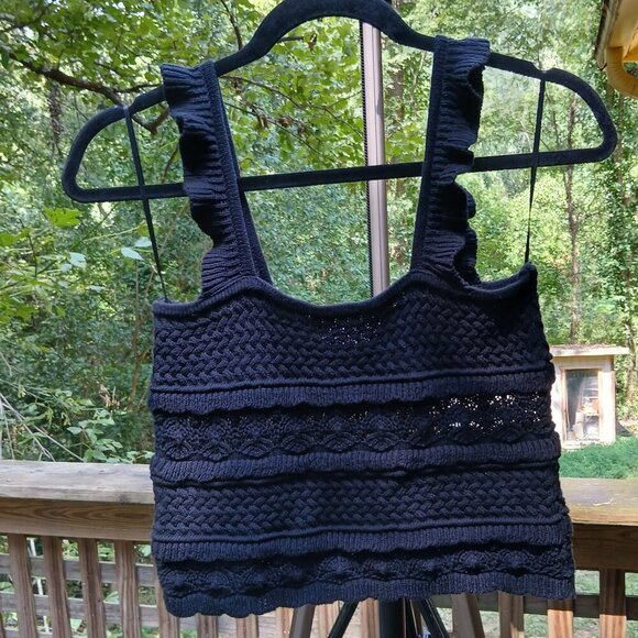 By Together 'Ruffle Tank'  Black Crochet Artsy Textured Semi Stretch Knit Sz S - Picture 2 of 9
